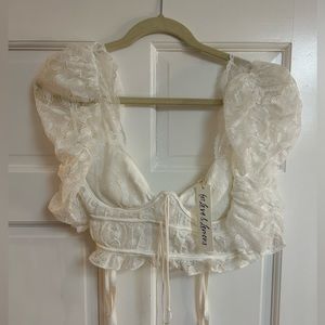 For Love & Lemons Lorena Lace Puff Sleeve Crop Top